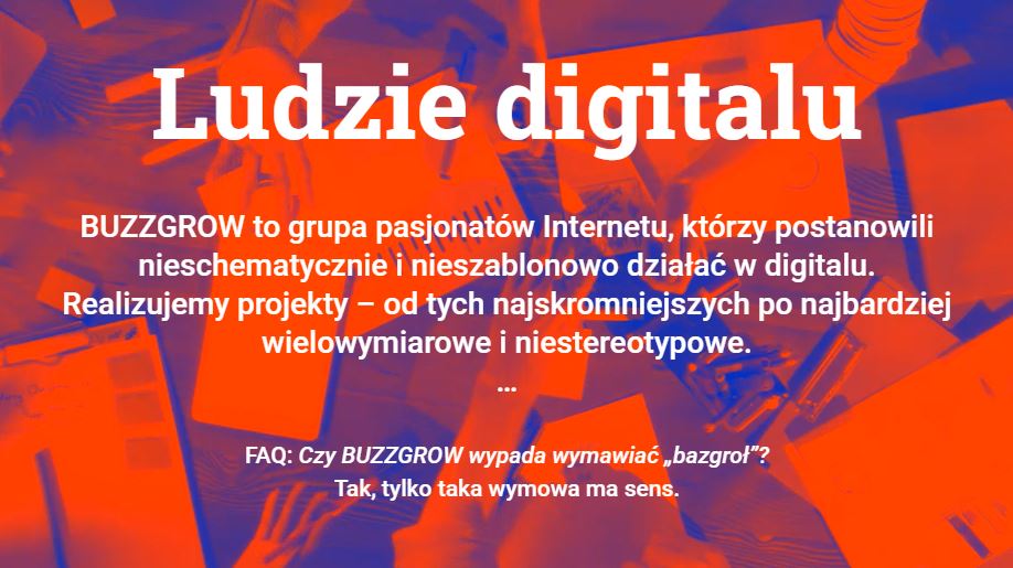 Kolorowa (czerwono-niebieska) grafika ze strony grupy Buzzgrow z tekstem: Ludzie digitalu. BUZZGROW to grupa pasjonatów Internetu, którzy postanowili nieschematycznie i nieszablonowo działać w digitalu.