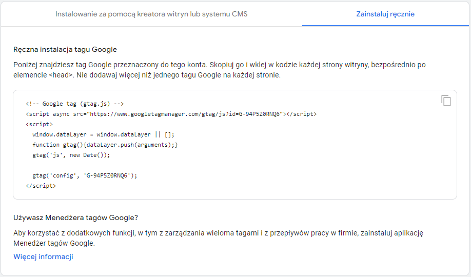 Instrukcja ręcznej instalacji kodu śledzącego Google Analytics 4 