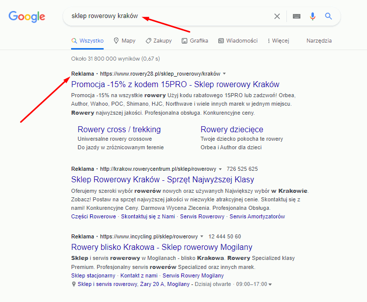 Reklama w Google pojawiająca się po wpisaniu w wyszukiwarkę: sklep rowerowy kraków