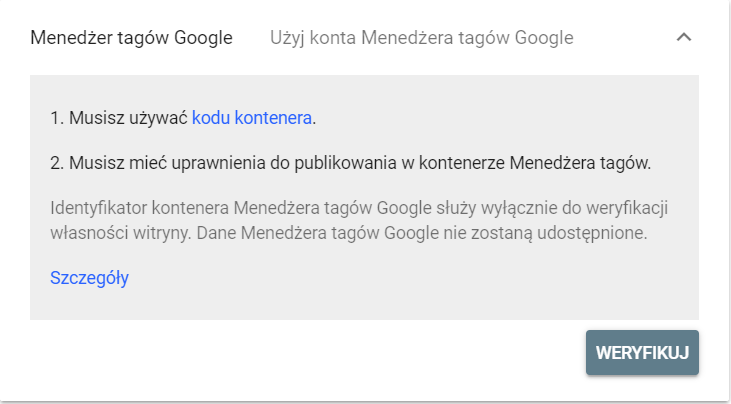 Weryfikacja własności prefiksu adresu URL w Google Search Console za pomocą menedżera tagów Google