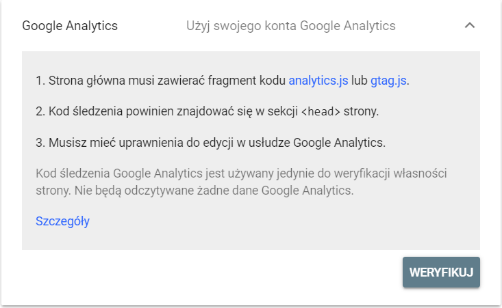Weryfikacja własności prefiksu URL w Google Search Console za pomocą konta Google Analytics