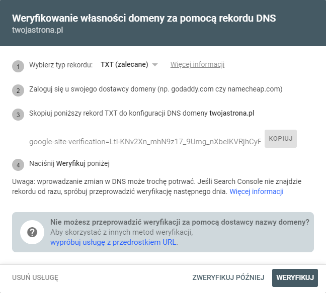 zrzut ekranu weryfikacji własności domeny za pomocą rekordu DNS  w Google Search Console