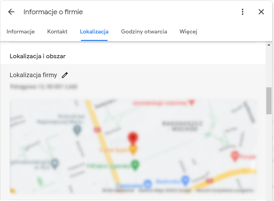 Ekran wyboru lokalizacji firmy w wizytówce Google Moja Firma.