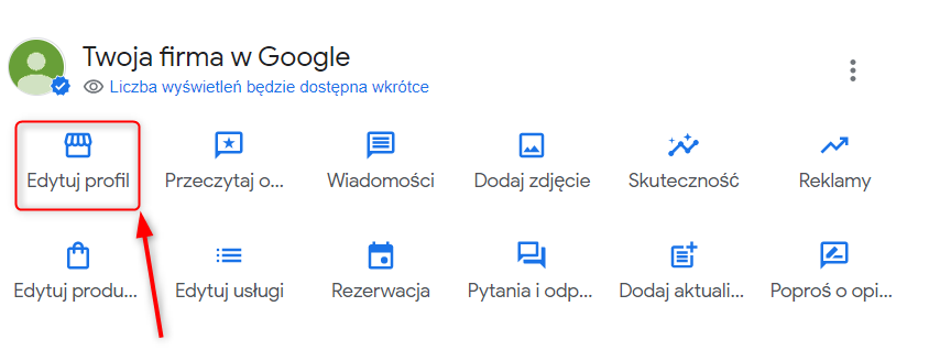 Ścieżka do edycji informacji o firmie w panelu profilu firmy Google.