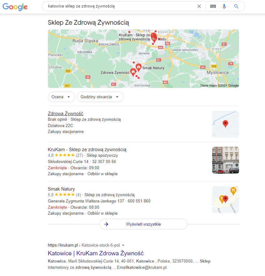 Zrzut ekranu zawierający mapy i wizytówki w wyszukiwarce Google dla wyszukiwania "katowice sklep ze zdrową żywnością"