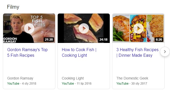 Screen z Google wyniki wyszukiwania na hasło "fish recipes"