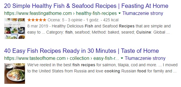 Screen z Google wyniki wyszukiwania na hasło "fish recipes"