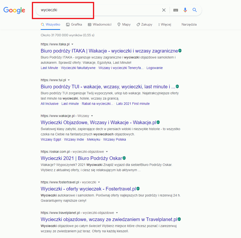 słowo kluczowe w wyszukiwarce Google