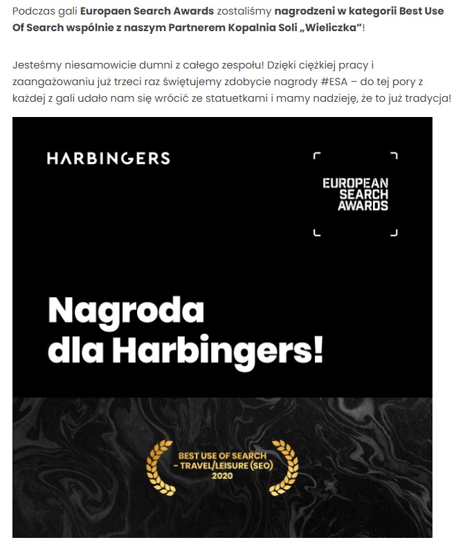 Harbingers - nagroda European Search Awards w kategorii Best Use Of Search