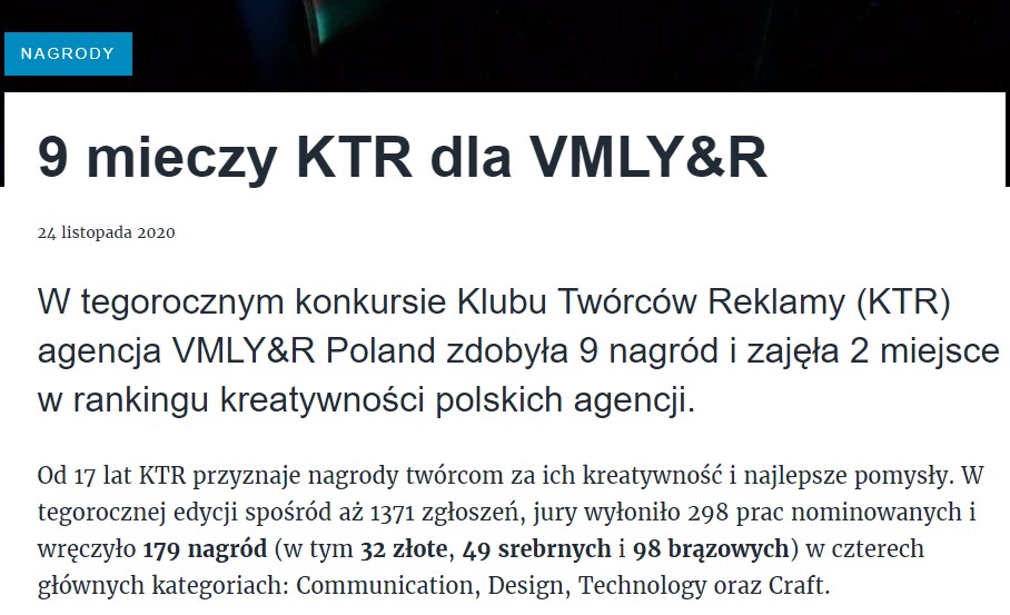 VMLY&R zdobywa 9 nagród w konkursie KTR